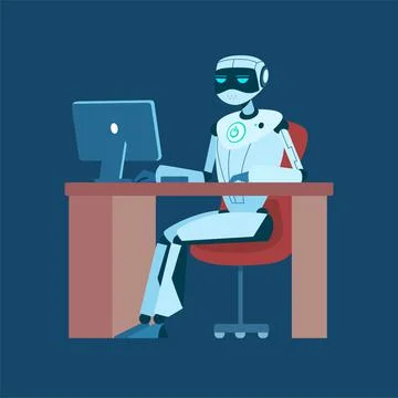 Artificial intelligence robot working on computer. Technology concept of AI Stock Illustration