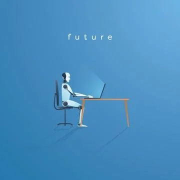 Artificial intelligence robot working on laptop vector illustration. Technology Stock Illustration