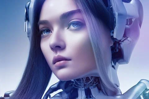 Artificial Intelligence Robotic Android Woman with Silver Hair and Chrome Body Stock Illustration