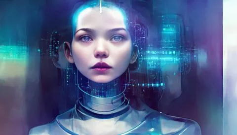 Artificial Intelligence Robotic Charming Female Android Woman Looking Front Stock Illustration