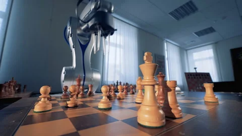 Artificial intelligence, robotic chess player play chess with a human. Video stock 87315002