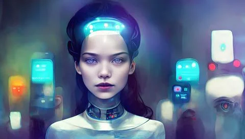 Artificial Intelligence Robotic Elegant Female Android Woman Looking Front Stock Illustration
