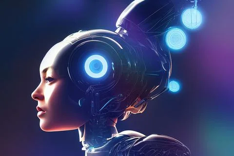Artificial Intelligence Robotic Female Android with Glowing Light Orbs Stock Illustration
