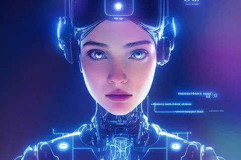 Artificial Intelligence Robotic Female Android Looking Front with Glowing Lights Stock Illustration