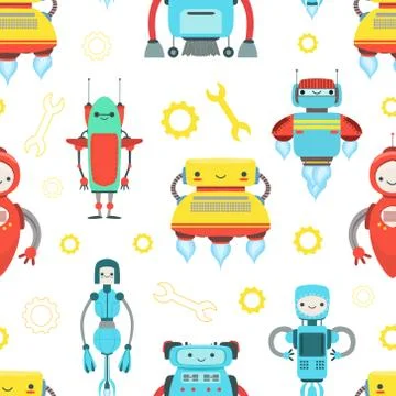 Artificial Intelligence, Robotic Technology Seamless Pattern with Cute Friendly 스톡 일러스트
