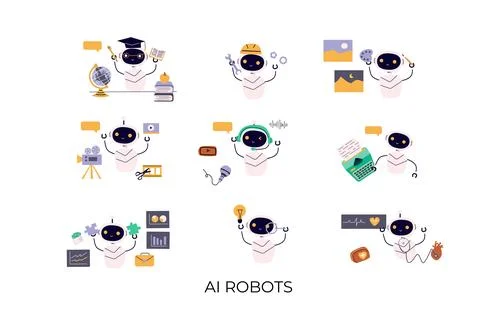 Artificial intelligence robots set. Ai generating texts, images, video, music, Stock Illustration