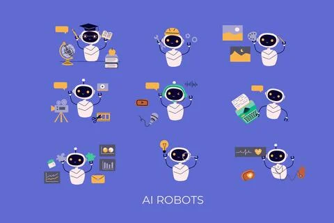 Artificial intelligence robots set. Ai generating texts, images, video, music, Illustrazione stock