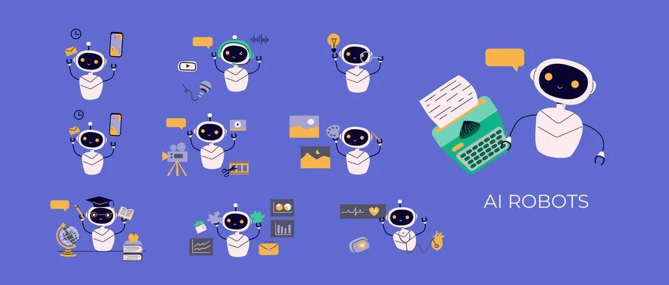 Artificial intelligence robots set. Ai generating texts, images, video, music, Stock Illustration