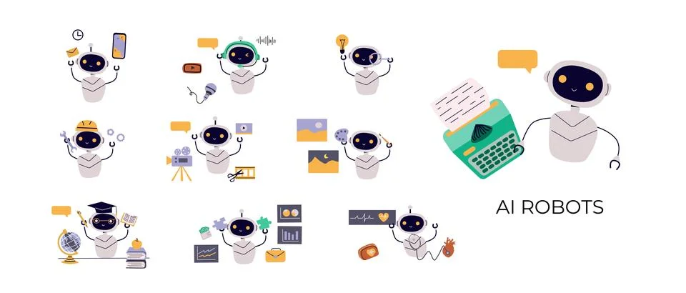 Artificial intelligence robots set. Ai generating texts, images, video, music, Stock Illustration