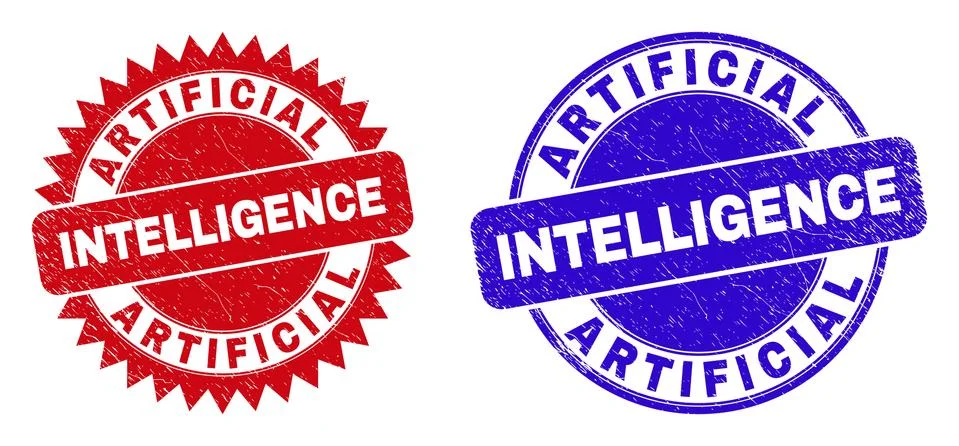 ARTIFICIAL INTELLIGENCE Round and Rosette Seals with Scratched Style Stock Illustration