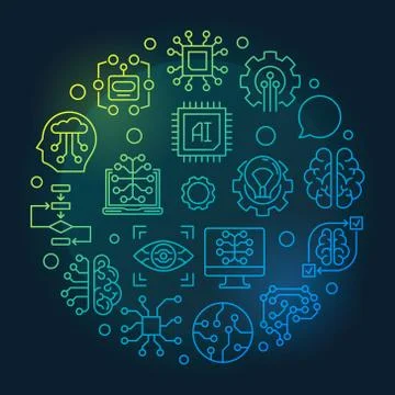Artificial Intelligence round vector colored line illustration 스톡 일러스트