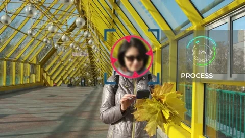 Artificial intelligence scans the ID of a middle-aged woman walking across a Stock Footage 155205111