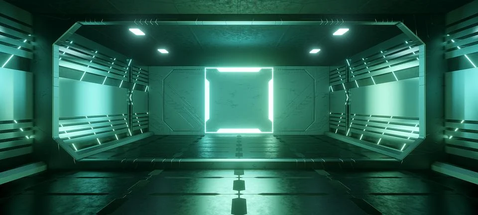 Artificial Intelligence Scene SciFi Corridor Hallway Hangar Interior Neon Glo 库存插图