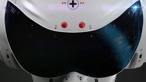 Artificial Intelligence. sci fi robot head close-up. the inscription "danger" Video stock 125765741