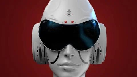 Artificial Intelligence. sci fi robot head close-up on a red background. 3d r Stock Photos
