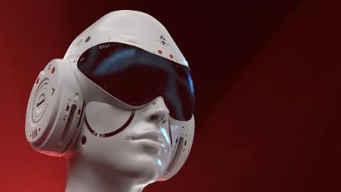 Artificial Intelligence. sci fi robot head close-up on a red background. 3d r Stock Photos