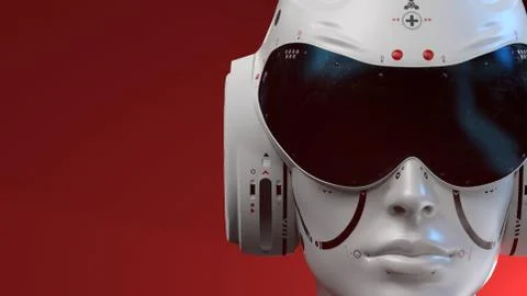 Artificial Intelligence. sci fi robot head close-up on a red background. 3d r Stock Photos