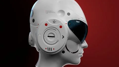 Artificial Intelligence. sci fi robot head close-up on a red background. 3d r Stock Photos