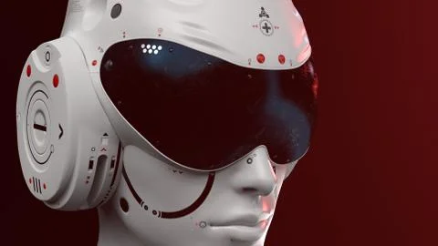 Artificial Intelligence. sci fi robot head close-up on a red background. 3d r Stock Photos