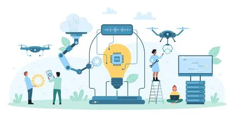 Artificial intelligence, science research of tiny people control robot arms Stock Illustration