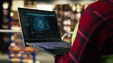 Artificial intelligence on screen, black staff in warehouse, package tracking 動画素材 330205371