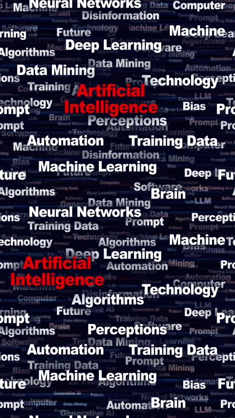 ARTIFICIAL INTELLIGENCE Seamless Endless Keywords Animation, Background, Loop Stockbeeldmateriaal 329914258