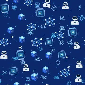 Artificial intelligence seamless pattern with AI chips, neural networks, white Stock Illustration