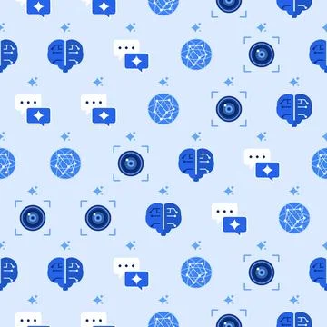 Artificial intelligence seamless pattern with circuit brain, chat bubbles, Stock Illustration