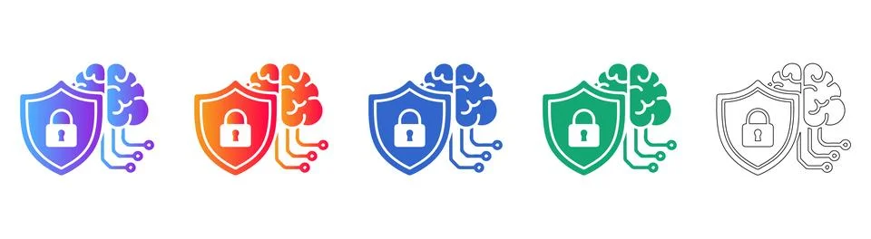Artificial Intelligence Security and Brain Shield Icons Stock Illustration