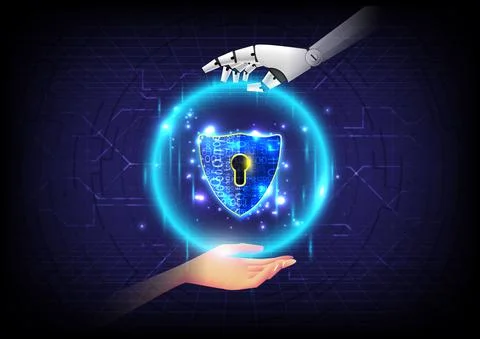 Artificial intelligence of security privacy safe. Hand of human and robot tou イラスト素材