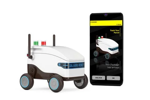 Artificial Intelligence Service Delivery Robot Drone near Smartphone Mobile.. Illustrazione stock