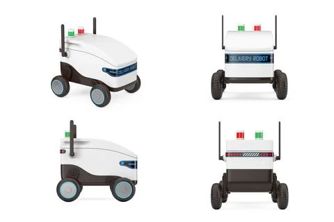 Artificial Intelligence Service Delivery Robot Drone. 3d Rendering Illustrazione stock