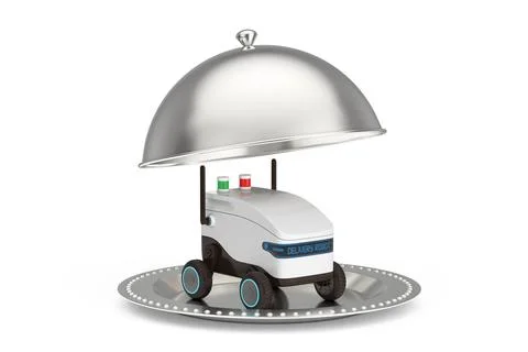 Artificial Intelligence Service Delivery Robot Drone in Silver Restaurant C.. Illustrazione stock