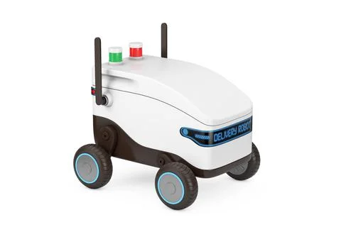 Artificial Intelligence Service Delivery Robot Drone. 3d Rendering Illustrazione stock