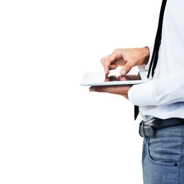 Artificial intelligence. A side view of a man touching his touch screen with Stock Photos