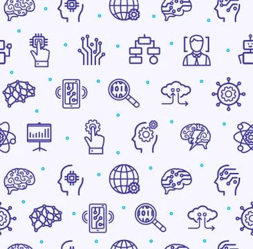 Artificial Intelligence Signs Seamless Pattern Background on a White. Vector Stock Illustration