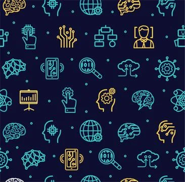Artificial Intelligence Signs Seamless Pattern Background on a Blue. Vector Stock Illustration