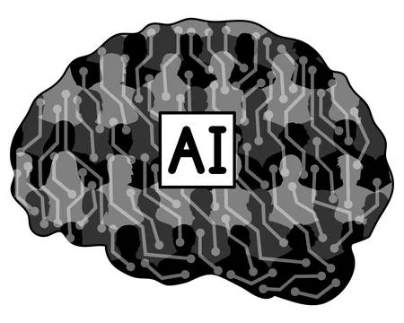Artificial intelligence, silhouette of brain with people and links. Vector .. Illustrazione stock