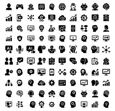 Artificial Intelligence Silhouette Icons Set AI Technology Machine Learning Stock Illustration