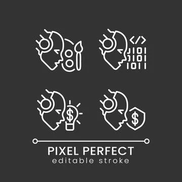 Artificial intelligence skills white linear icons set for dark theme Stockillustratie