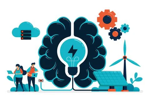 Artificial intelligence for smart green energy. Artificial brain supply energ Stock Illustration