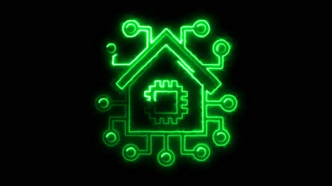 Artificial intelligence smart home symbol green energy glowing neon effect Video stock 233880013