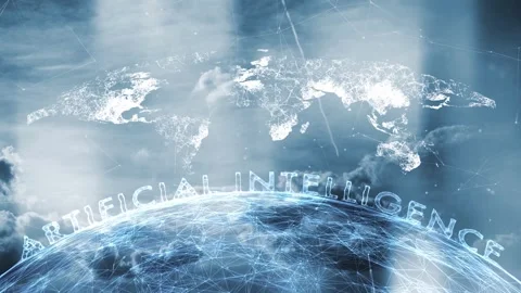Artificial intelligence sphere on sky with world map motion cyberspace Stock Footage 344139388