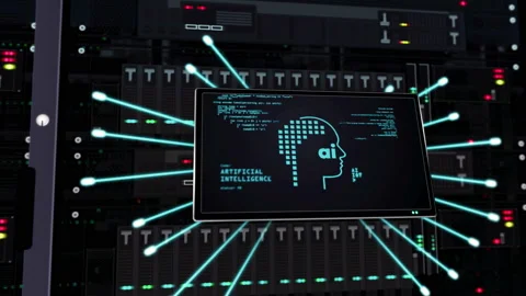 Artificial intelligence symbols on datacenter servers Video stock 125091533