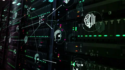 Artificial intelligence symbols on servers room in background loop Video stock 122397671