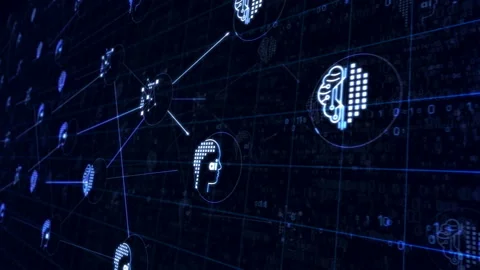 Artificial intelligence symbols on servers room in background loop Stock Footage 122498341