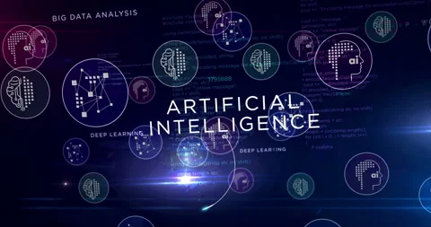 Artificial intelligence symbols on servers room in background loop Video stock 124385732