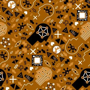 Artificial intelligence symbols, technology icons, neural network elements, and Stock Illustration