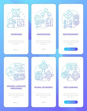 Artificial intelligence system blue gradient onboarding mobile app screen set Stock Illustration