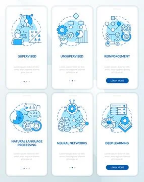 Artificial intelligence system blue onboarding mobile app screen set Illustrazione stock